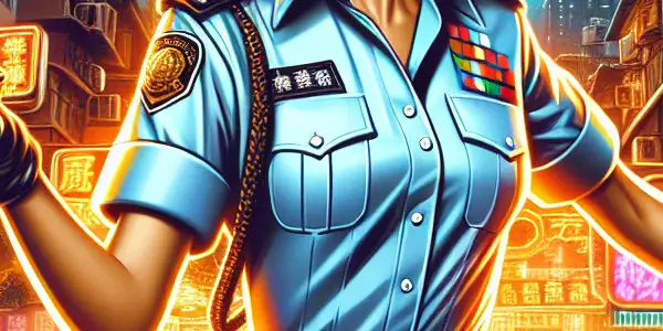 A strong female cop in a vibrant Hong Kong cityscape, embodying action and humor reminiscent of 80s and 90s cinema.