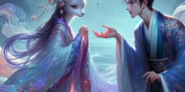 A romantic encounter between a young scholar and a mystical fox spirit in a moonlit forest.