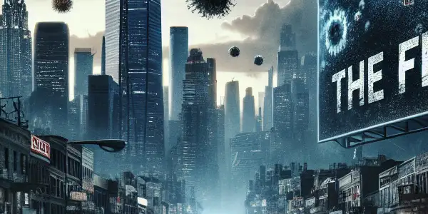 Cinematic poster for "The Flu," depicting a pandemic-stricken city with chaos, fear, and a looming virus.