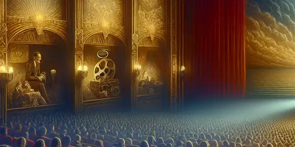 A vintage cinema scene with diverse film enthusiasts immersed in a classic art film, surrounded by nostalgic decor.