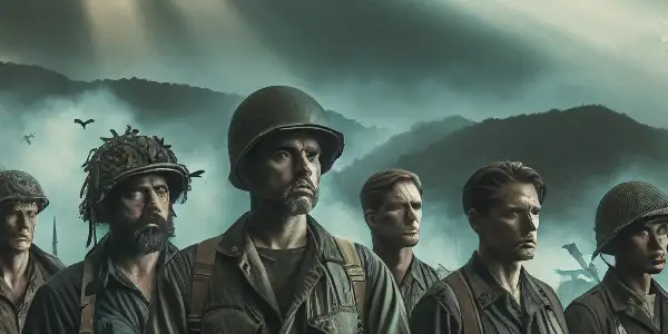A group of soldiers stands resolute on a rugged battlefield at dusk, embodying determination and camaraderie against misty mountains.