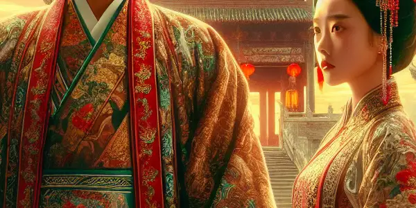 A romantic scene between two elegantly dressed Ming Dynasty characters in an ornate, atmospheric setting.