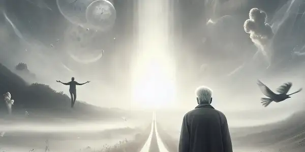 An elderly man reflects on life while walking a misty road, surrounded by memories and surreal elements.