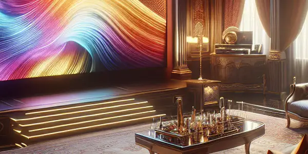 An elegant and luxurious viewing room with plush furnishings, ambient lighting, and a large screen showcasing vibrant visuals.