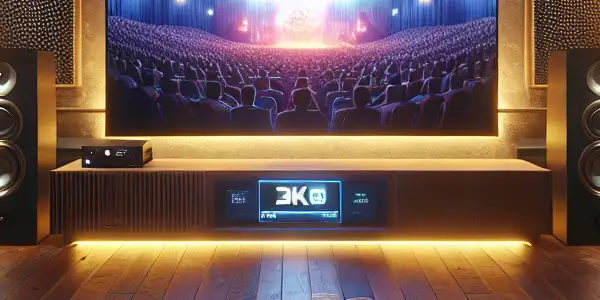 A cozy home theater setup with a 4K TV, surround sound, plush seating, and ambient lighting.