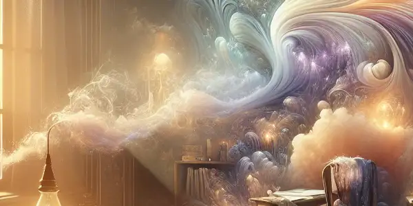 A serene, intimate space with a writing desk, scattered notes, and colorful wisps symbolizing creativity and passion.