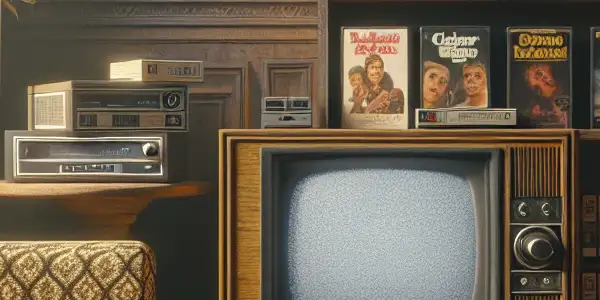 A cozy vintage room showcasing a collection of retro adult films from the 1970s and 1980s.