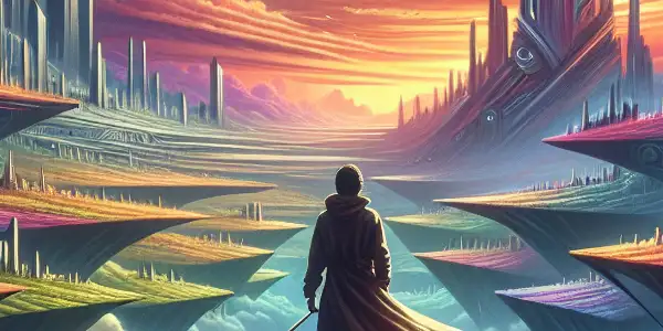 A young adventurer stands on a cliff, overlooking a colorful, surreal landscape of floating islands and futuristic structures.