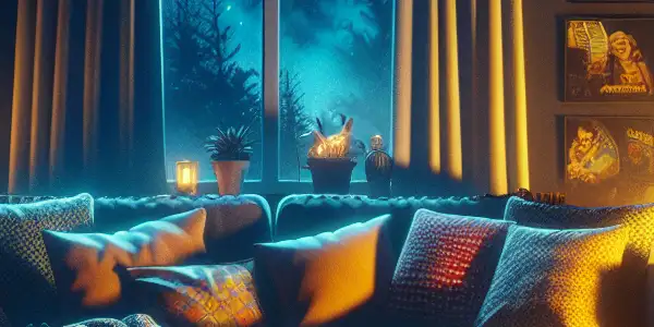 A cozy living room scene with a plush couch, popcorn, and a classic horror movie on a large screen.