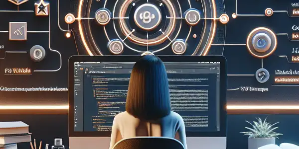A modern digital workspace with a young adult analyzing a flow chart on adult content queries and SEO resources.