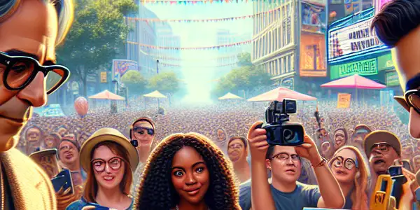 A lively city square filled with fans, a film director and actor engaging, and vibrant movie promotion elements.