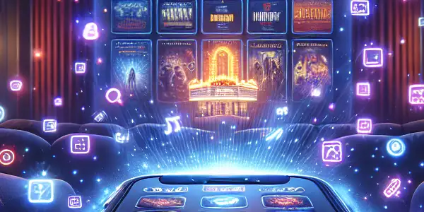 A cozy home cinema featuring a modern iOS device displaying vibrant Sky movie posters and digital shortcut icons.