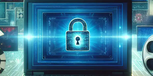 A modern laptop surrounded by multimedia elements, symbolizing secure and diverse premium content in a tranquil tech environment.