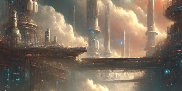 A diverse group of astronauts gazes at massive machinery in a desolate future Earth landscape, evoking tension and hope.