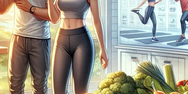 A serene kitchen scene featuring a couple exercising, fresh produce, and wellness books promoting a balanced lifestyle.