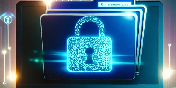 A digital illustration of a secure computer environment featuring a locked folder and symbols of privacy and data protection.