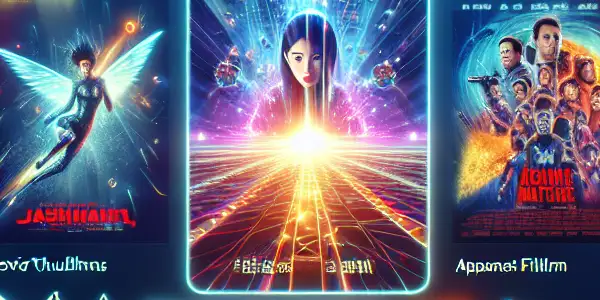 A vibrant online movie streaming platform interface featuring diverse film thumbnails and a cozy viewer enjoying the experience.