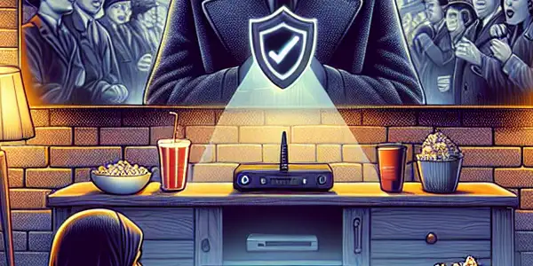 A cozy living room scene with a person enjoying a classic film on TV while using a laptop and surrounded by snacks.