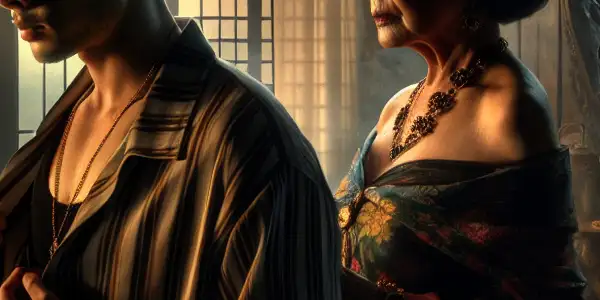 A tense, dramatic scene of a young man and his alluring stepmother in a dimly lit Thai home.