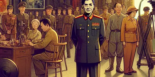 A historical and modern film studio scene showcasing Wang Jianwei, vintage equipment, and classic Chinese movie posters.