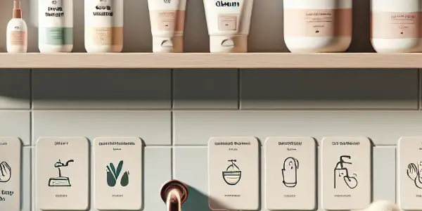 A serene bathroom scene featuring neatly arranged adult products and gentle cleaning solutions, promoting hygiene and well-being.