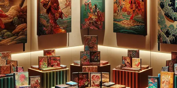 Stylized DVD boxes and digital media icons arranged on a modern display table, evoking an intimate and upscale atmosphere.