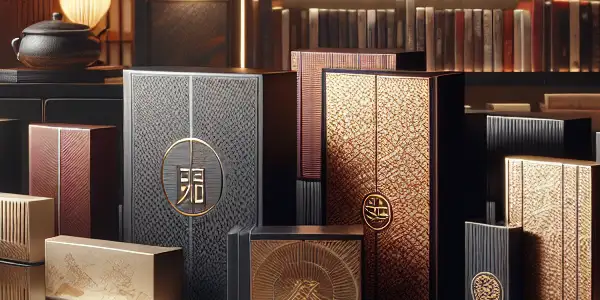 Elegant adult film packaging displayed in a sophisticated home library, featuring intricate designs and rich colors.