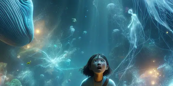 A young girl explores a magical underwater world filled with colorful sea creatures and glowing coral reefs.