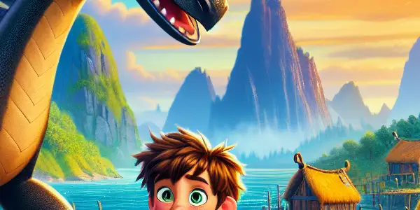 A brave Viking boy and his dragon friend in a vibrant village at sunset, surrounded by adventure and friendship.