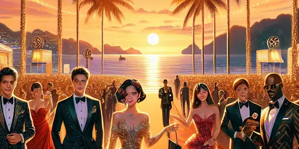 A glamorous red carpet event at sunset featuring diverse celebrities, tropical palm trees, and festive decorations.