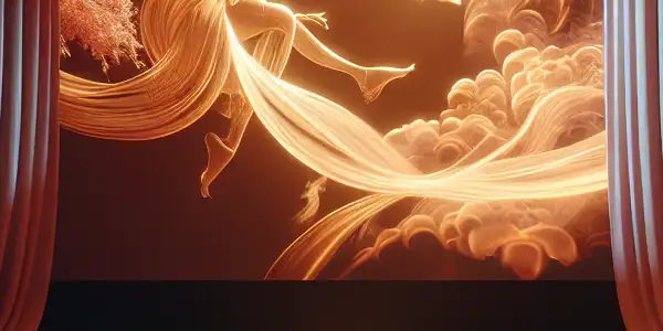 A cozy Japanese-themed room with warm lighting, plush cushions, and a projector displaying intimate artistic silhouettes.