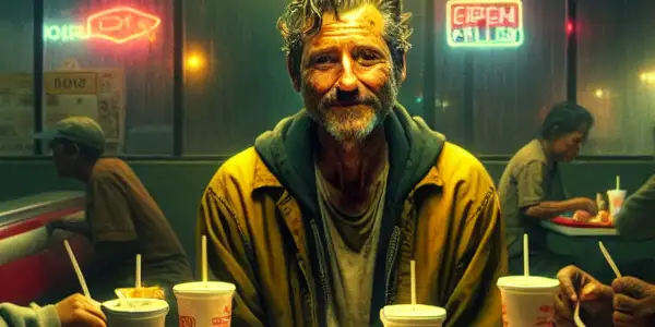 A group of homeless individuals shares a meal in a dimly lit McDonald's, highlighting their struggles and camaraderie.