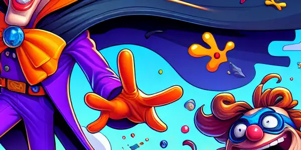 A quirky supervillain accidentally defeats a superhero in a colorful, chaotic urban scene filled with comic elements.<a href=