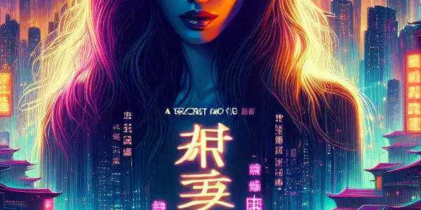 A charismatic woman in a vibrant city at dusk, surrounded by neon lights and hints of romance and mystery.