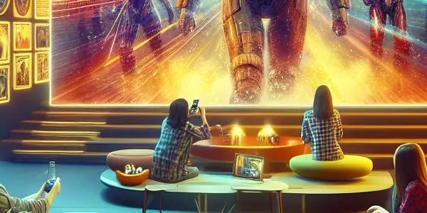 A diverse group of friends enjoying a sci-fi movie in a cozy, modern living room with ambient lighting.