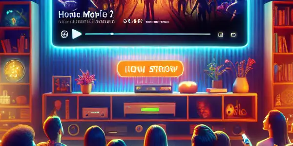 A cozy home movie night with friends and family, enjoying films on a large screen with snacks and drinks.