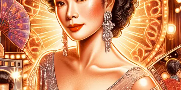 Chiu Shuk-Cheng in a glamorous 1990s outfit, surrounded by elements of her iconic film career in Hong Kong cinema.