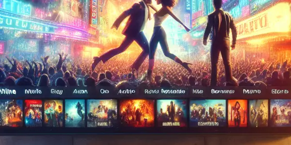 Cozy living room with a large screen showcasing a vibrant movie, popcorn, and nostalgic film memorabilia.