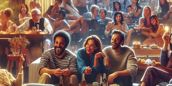 A lively adult party in a stylish living room with diverse guests enjoying drinks, snacks, and entertainment.