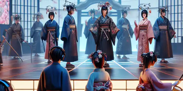 A vibrant film set blending contemporary Japanese adult film elements with traditional aesthetics and modern technology.