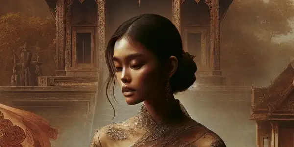 A young woman in a flowing Thai garment amidst a lush, tropical backdrop, embodying sensuality and emotional tension.