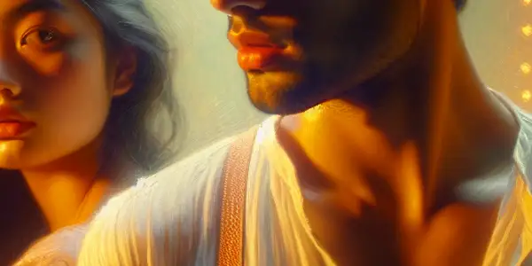 A young couple shares an intimate moment in a serene, softly lit garden, surrounded by warm, romantic lighting.