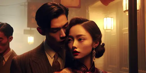 A tense, intimate moment between a couple in 1940s Shanghai, amidst war-torn surroundings and historical elements.