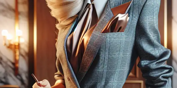 A glamorous blonde lawyer confidently stands in a vibrant, modern courtroom with playful details in the background.