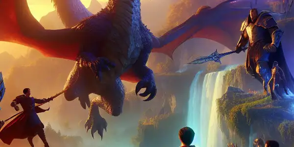 A heroic confrontation between armored figures and a majestic dragon in a vibrant, enchanted landscape.