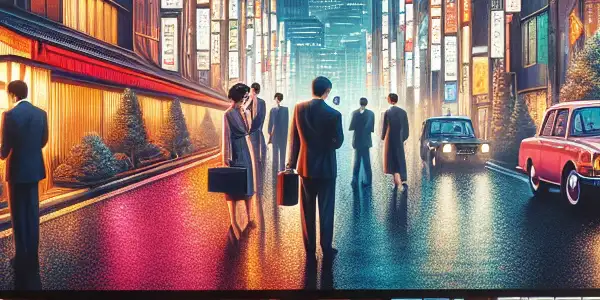 A romantic couple in a vibrant Tokyo setting, blending traditional and modern elements, conveying passion and intrigue.