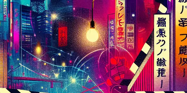 A captivating movie poster featuring silhouettes of film elements against a vibrant Tokyo cityscape, symbolizing adult film allure.