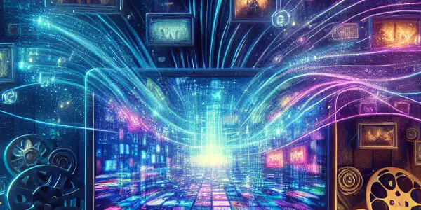 A computer screen displaying vibrant movie thumbnails surrounded by swirling data streams in a cozy, dimly lit room.