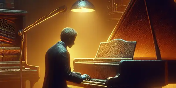 A skilled piano tuner in a dimly lit studio, surrounded by tools and hints of romantic tension.