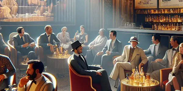 A cozy lounge scene with diverse patrons discussing classic adult films, surrounded by vintage posters and warm lighting.